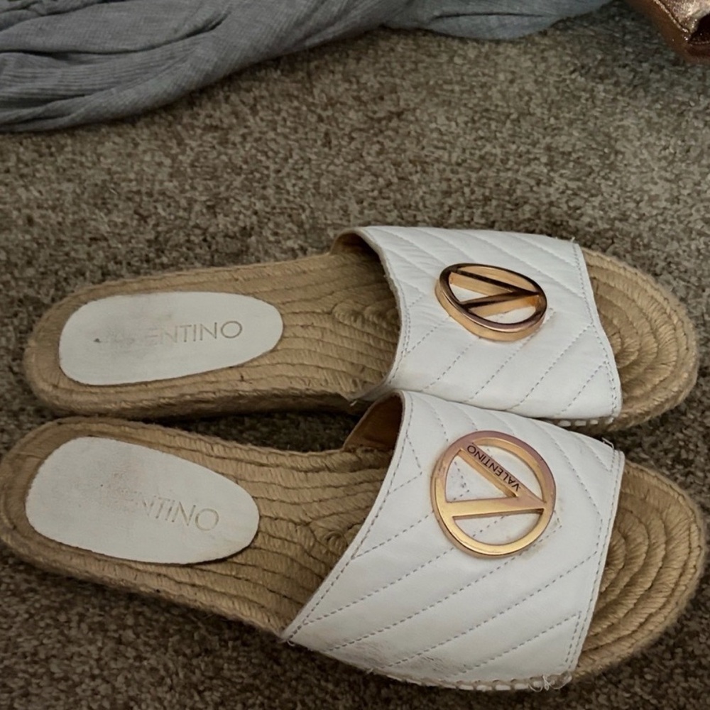 Valentino White Quilted Espadrille Slide Sandals with Gold Emblem